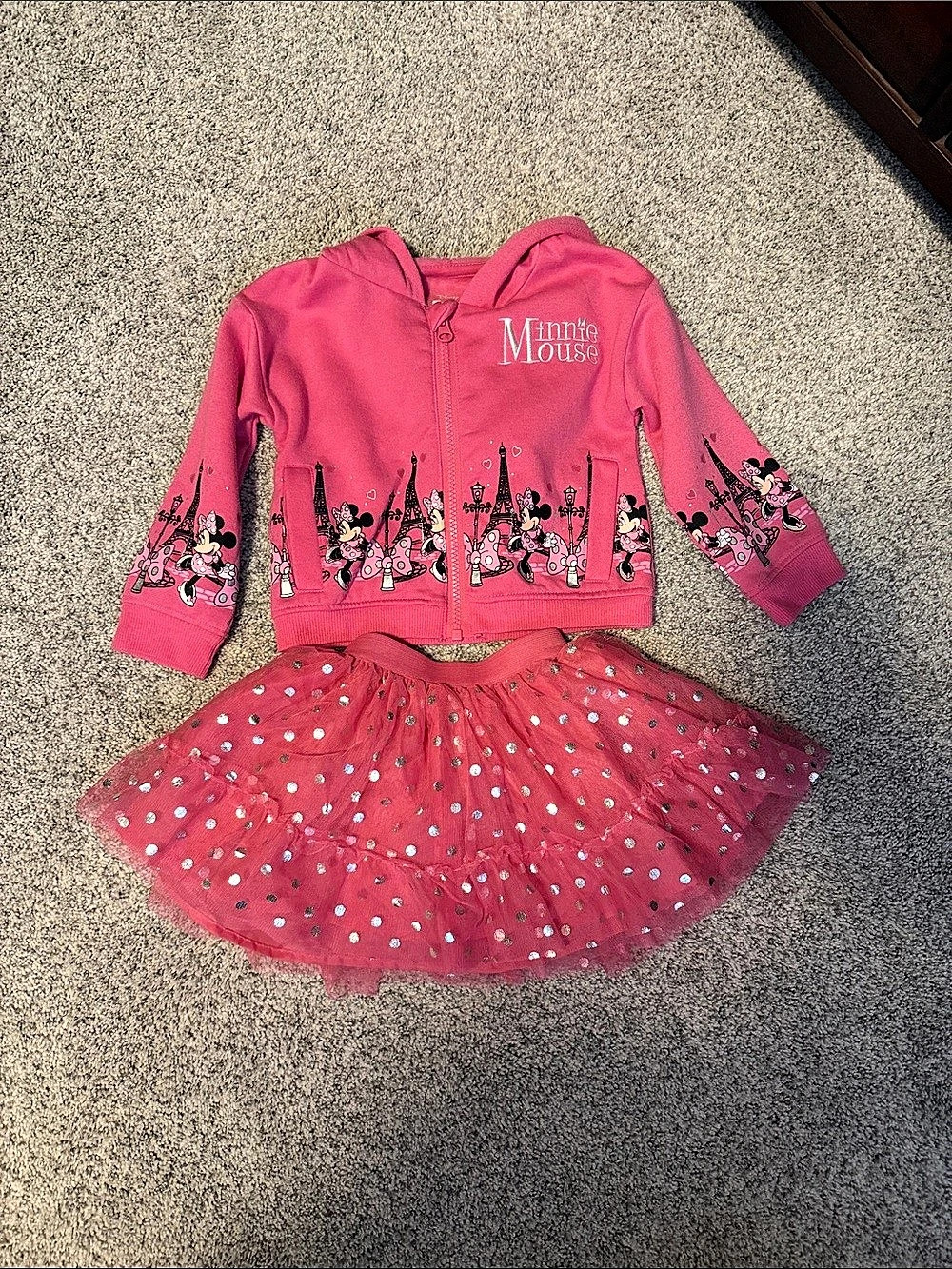 Disney Minnie Mouse Paris Hoodie and Tutu Skirt Outfit Set Toddler Girl 2T Pink